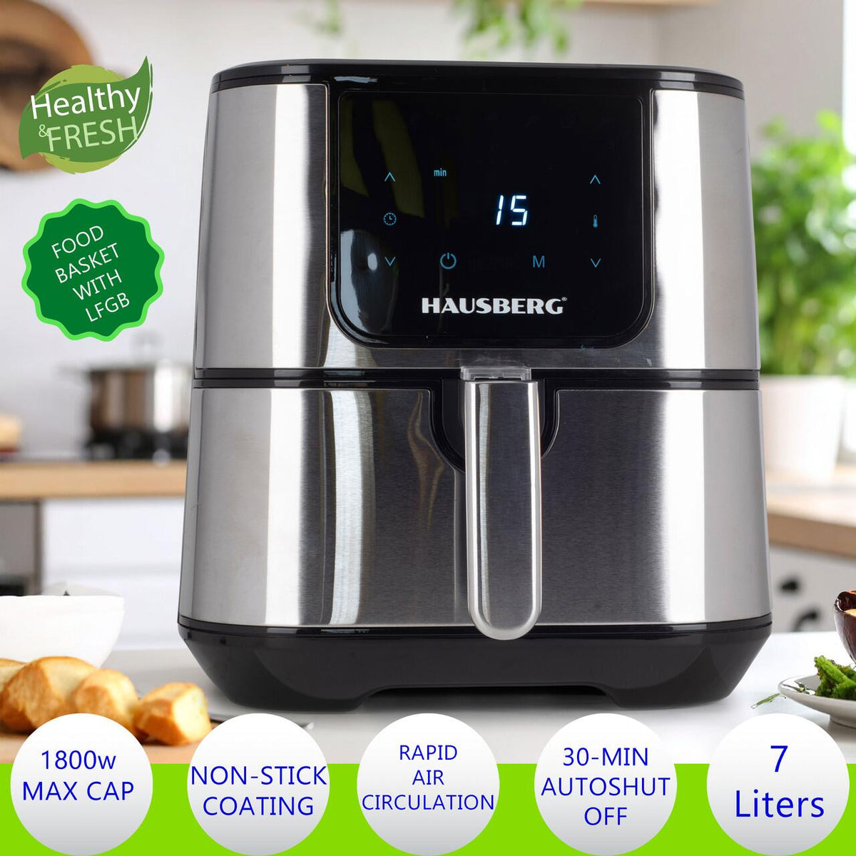 Hausberg HB-2365 Air Fryer, 1600-1800 W, 5.2 L, időzítő, túlmelegedés elleni védelem, hideg fogantyú, LCD kijelző