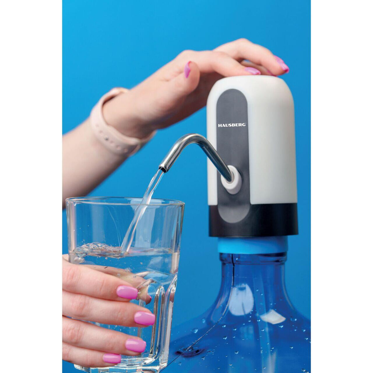 HAUSBERG HB-2605 újratölthető elektromos vízadagoló pumpa, rozsdamentes acél és műanyag, 10L-es PET palackokhoz, ON/OFF gomb, beépített akkumulátor, USB