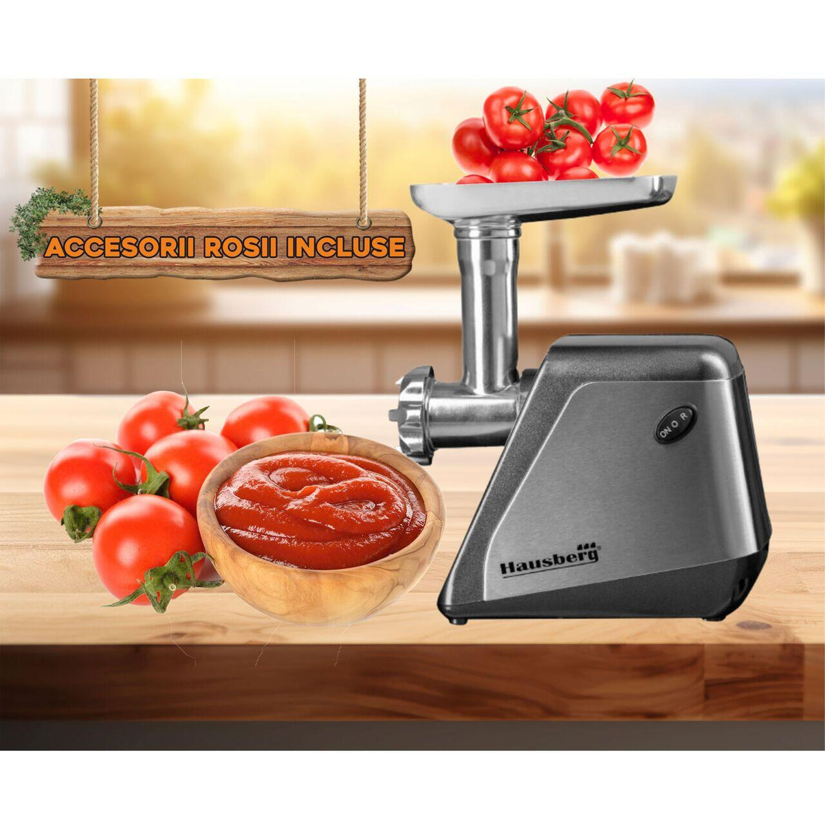 Hausberg HB3450 elektromos húsdaráló, 1600 W, piros tartozékokkal