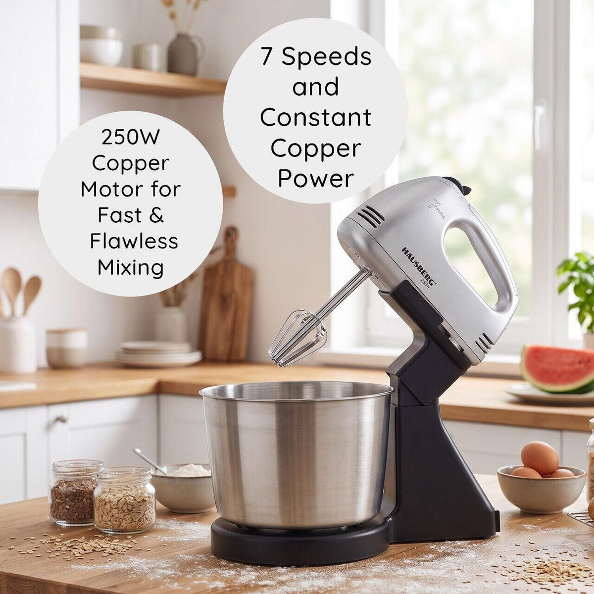 HAUSBERG HB-3551NG tálkás mixer, 7 sebesség, 250W teljesítmény, 2 literes rozsdamentes acél tál