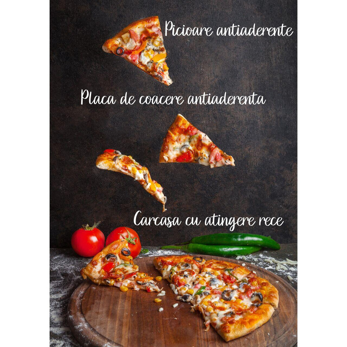 HAUSBERG HB-3565 elektromos pizza- és grillsütő, 1400-1700W, Kétoldalas sütőlap, Termosztát, Bakelit