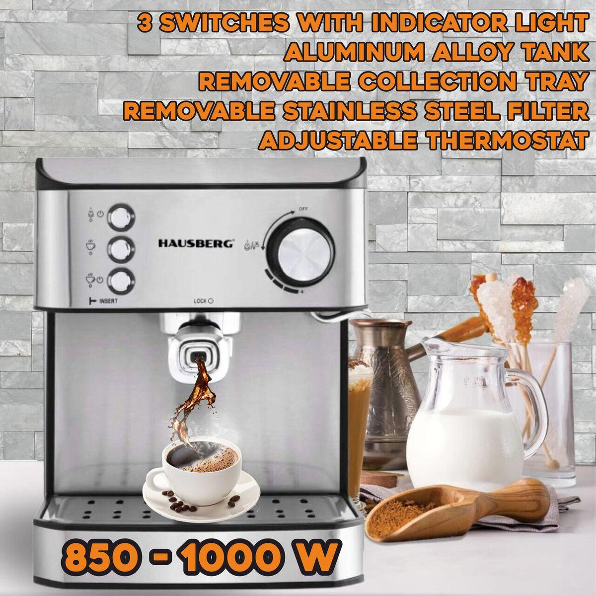 Kávéfőző HAUSBERG HB3725, őrölt kávé, 15 bar, 850-1000 W