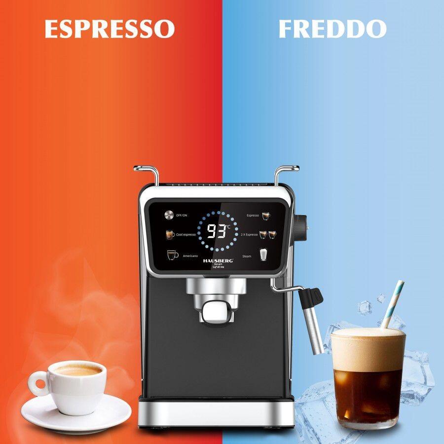 Espressor 2 az 1-ben HAUSBERG HB-3730IN, Forró és hideg, 20 bar, 1350 W, 1,5 L, Túlmelegedés és Túlnyomás elleni védelem, ERP, NTC, PID, Időzítő, Kijelző, Habosítás, Őrölt kávé és kapszula