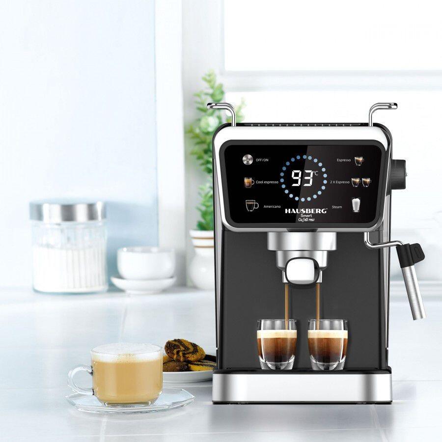 Espressor 2 az 1-ben HAUSBERG HB-3730IN, Forró és hideg, 20 bar, 1350 W, 1,5 L, Túlmelegedés és Túlnyomás elleni védelem, ERP, NTC, PID, Időzítő, Kijelző, Habosítás, Őrölt kávé és kapszula