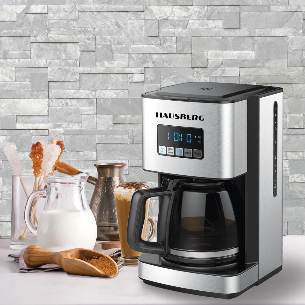HAUSBERG HB3755 digitális kávéfőző programozható funkcióval, 1000-1200 W, 1.8 l, Wifi, LED kijelző, biztonsági rendszer, Inox