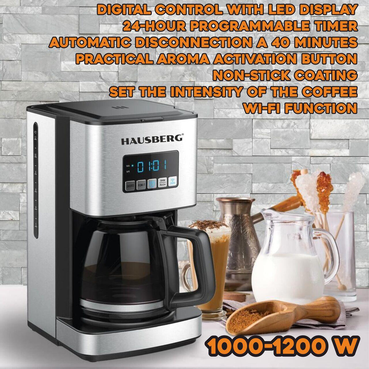 HAUSBERG HB3755 digitális kávéfőző programozható funkcióval, 1000-1200 W, 1.8 l, Wifi, LED kijelző, biztonsági rendszer, Inox