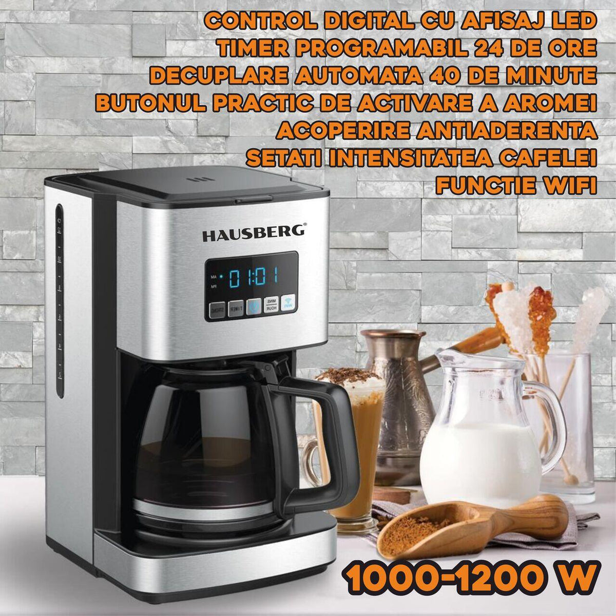 HAUSBERG HB3755 digitális kávéfőző programozható funkcióval, 1000-1200 W, 1.8 l, Wifi, LED kijelző, biztonsági rendszer, Inox