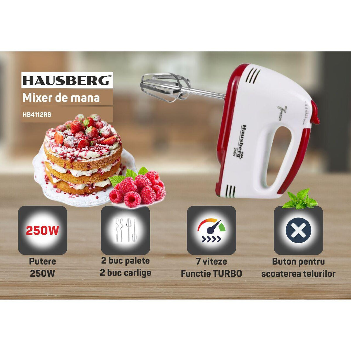 Hausberg HB-4112RS kézi mixer, fehér/piros, 250 W, 7 sebességfokozat