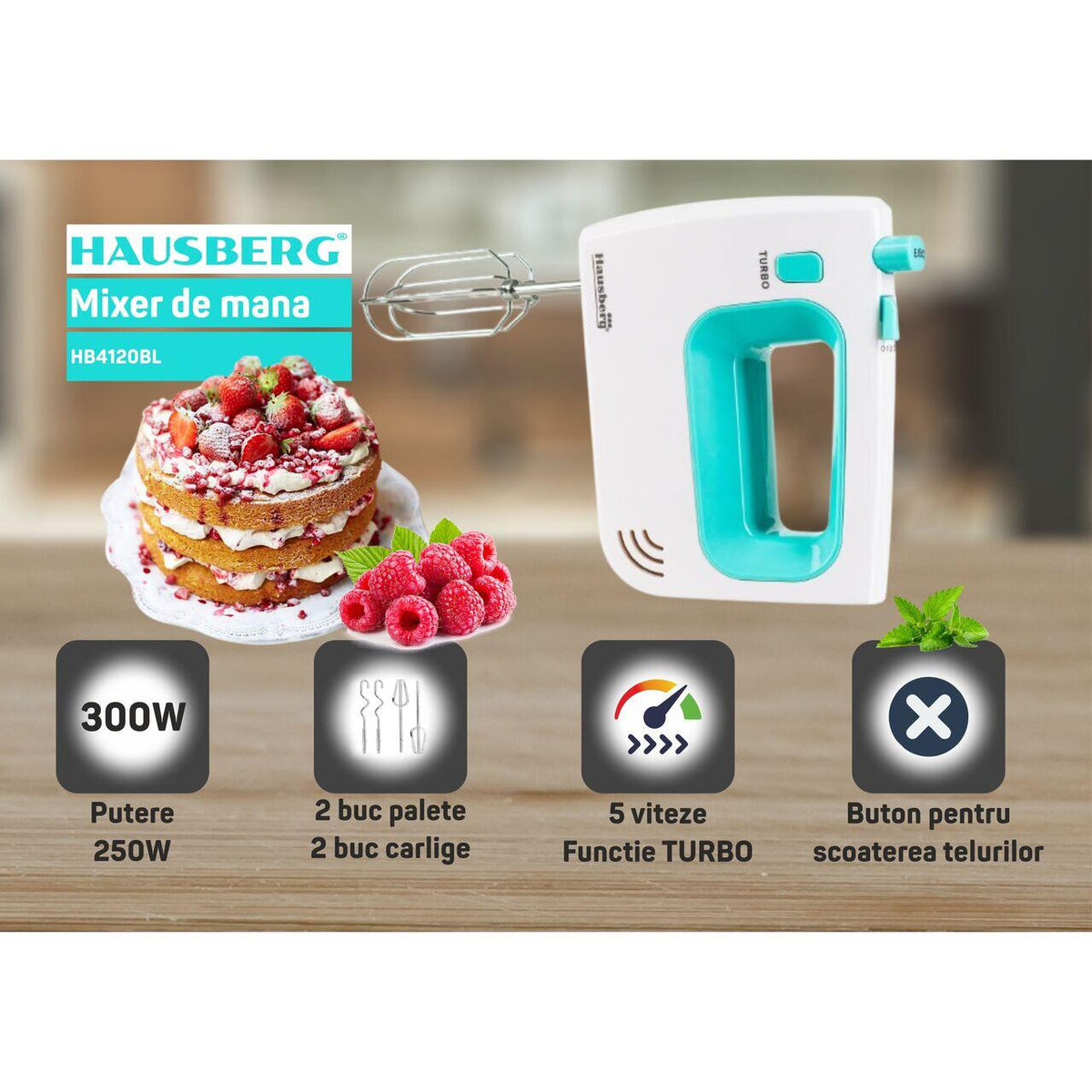 Hausberg HB-4120BL kézi mixer, 300W, 5 sebességfokozat, Turbo funkció, fém habverő és dagasztókarok, kék/fehér