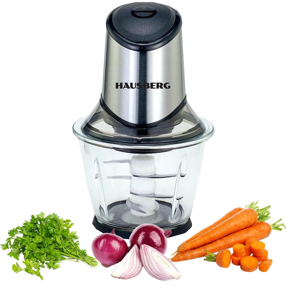 HAUSBERG HB-4507IN elektromos aprító, 400-500W, 1 sebességfokozat, 1.2 liter, üvegtál, 6 rozsdamentes acél kés, ezüst