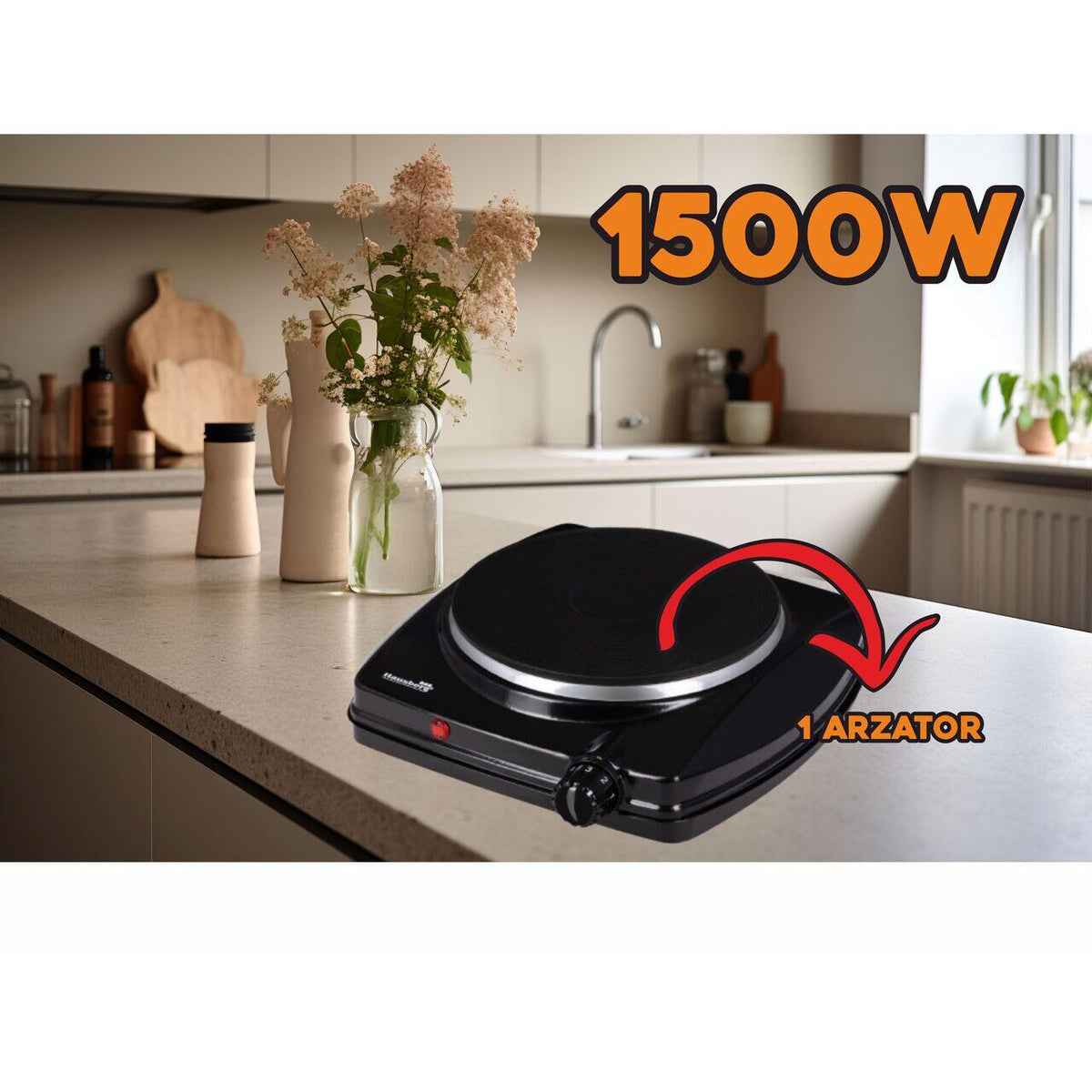 Hausberg HB-519NG elektromos főzőlap, fekete, 1 főzőzóna, 1500 W teljesítmény, termosztát