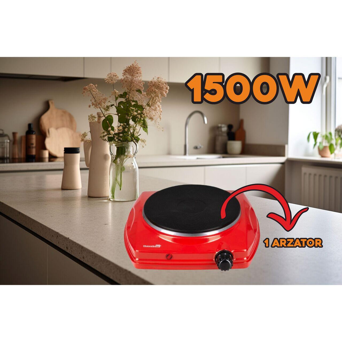 Hausberg HB-519RS elektromos főzőlap, piros, 1 főzőzóna, 1500W teljesítmény, termosztát