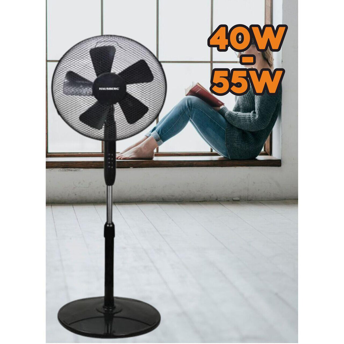 HAUSBERG HB-5200 Speed álló ventilátor, 40-55W, 40 cm átmérő, 3 sebességfokozat, 1-2 órás időzítő, oszcilláció, állítható magasság