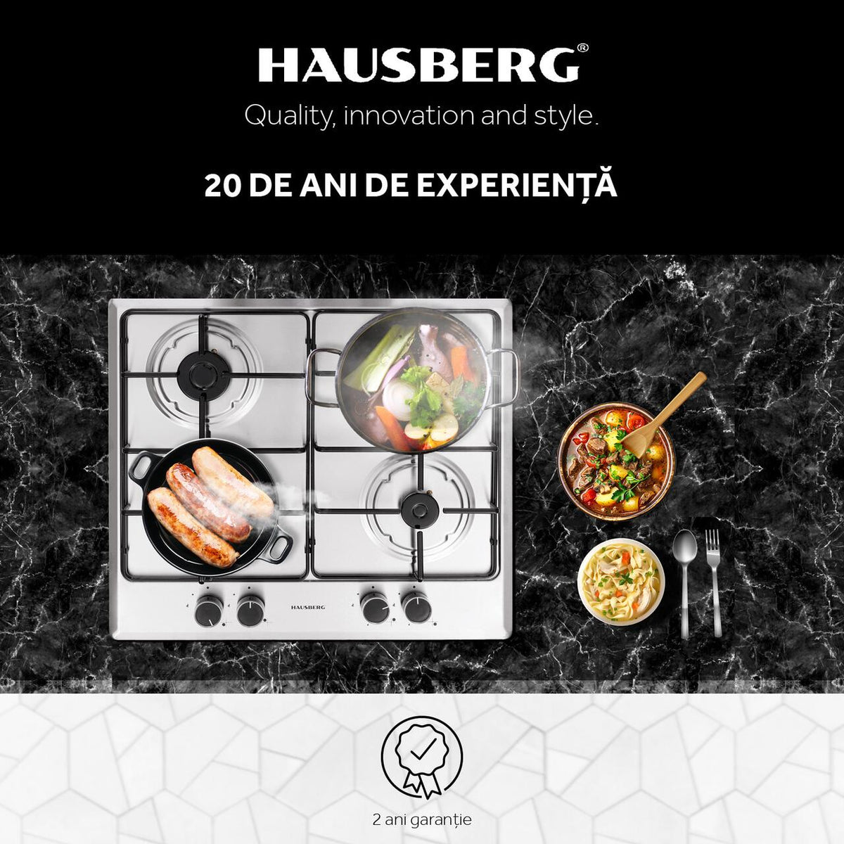 Hausberg HB-555 beépíthető főzőlap, elektromos gyújtás, gáz, 4 égőfej, biztonsági rendszer, Inox