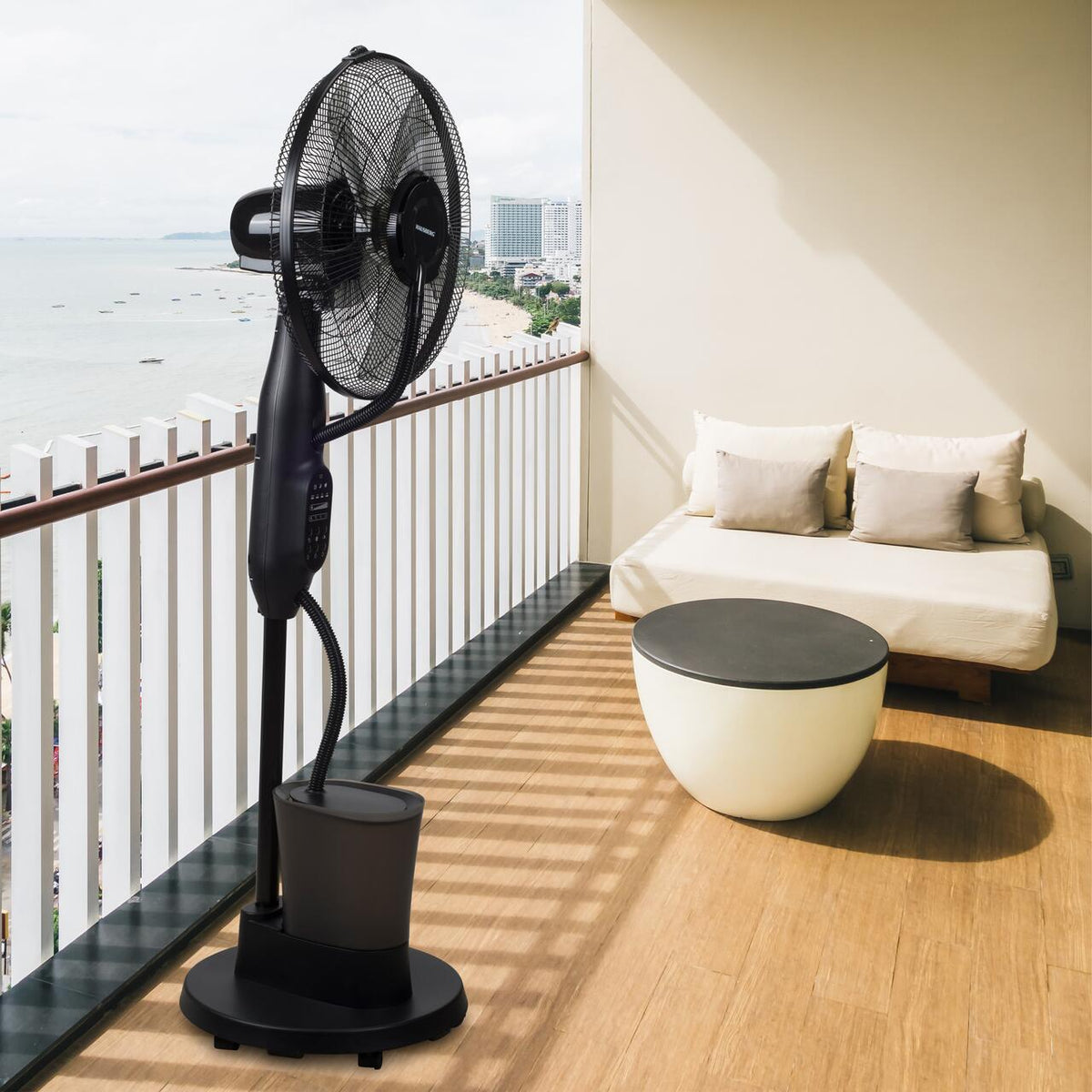 HAUSBERG HB-5601NG párásító ventilátor, 75W, 16 hüvelyk, 3 sebességfokozat, 7.5 órás időzítő, 2.8 literes tartály, LCD kijelző, távirányító