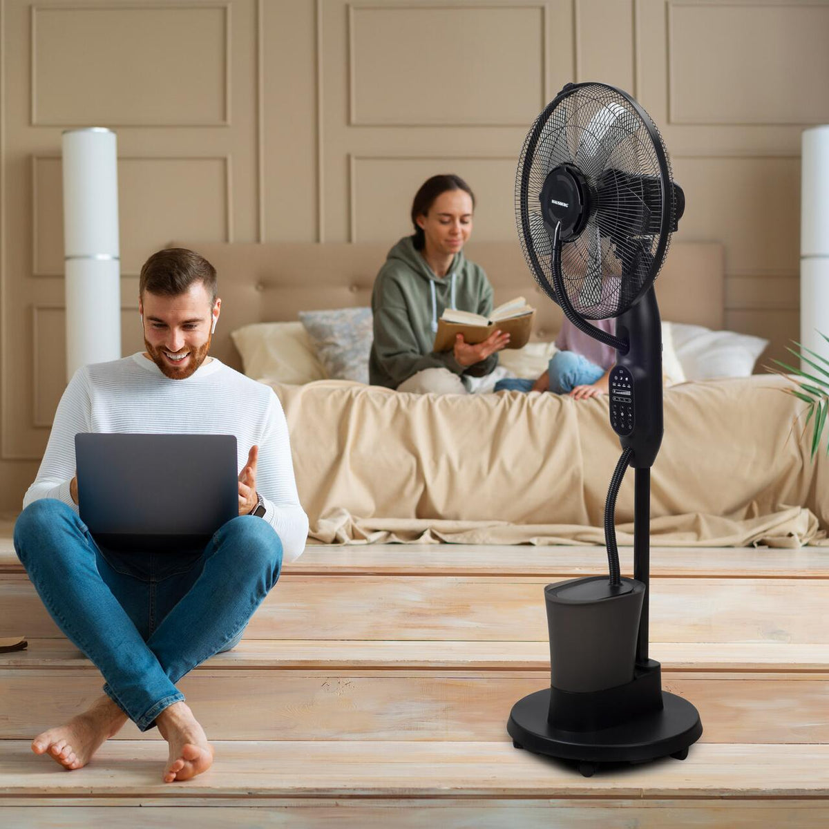 HAUSBERG HB-5601NG párásító ventilátor, 75W, 16 hüvelyk, 3 sebességfokozat, 7.5 órás időzítő, 2.8 literes tartály, LCD kijelző, távirányító