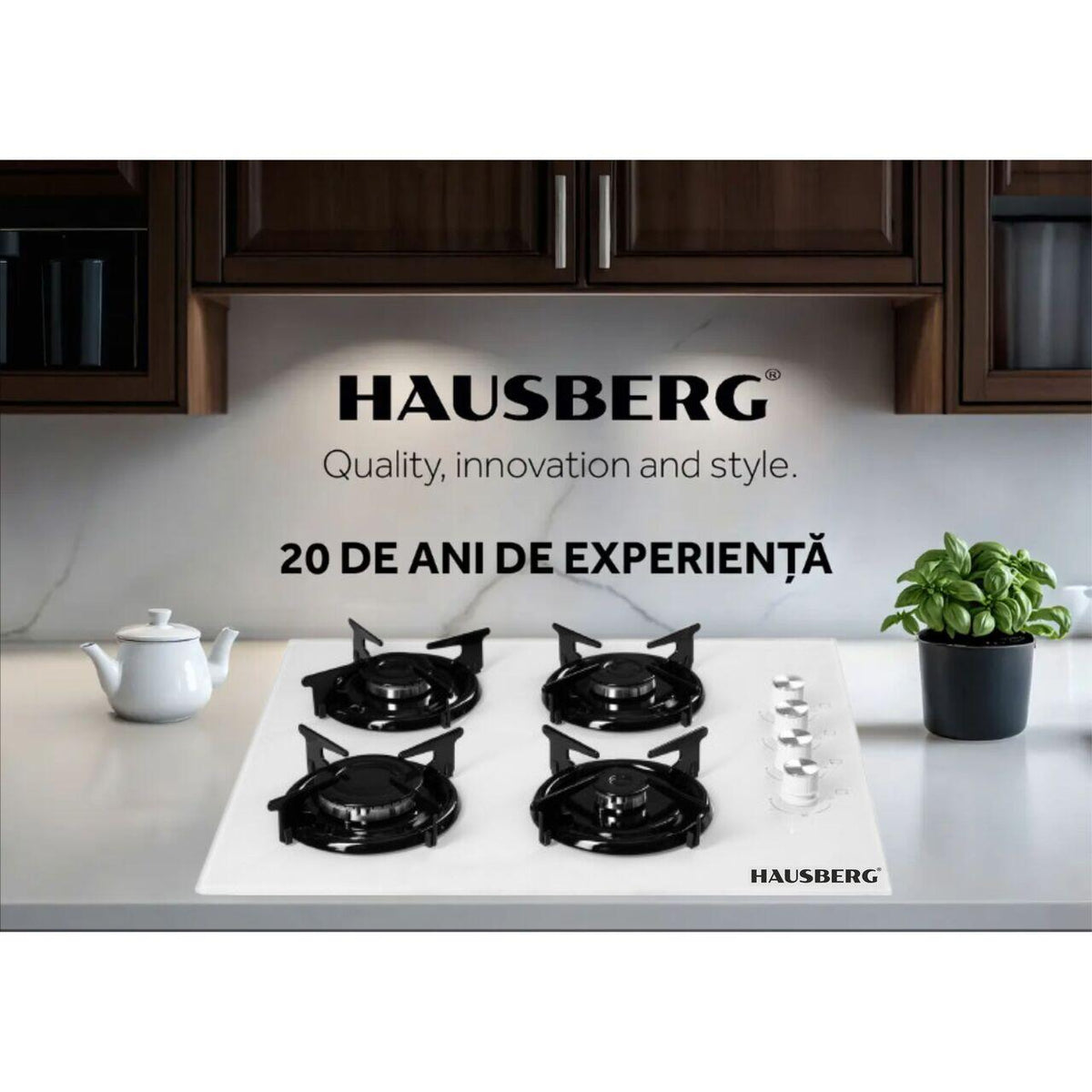 Hausberg HB-563AB beépíthető gázfőzőlap, 4 égő, elektromos gyújtás, fehér