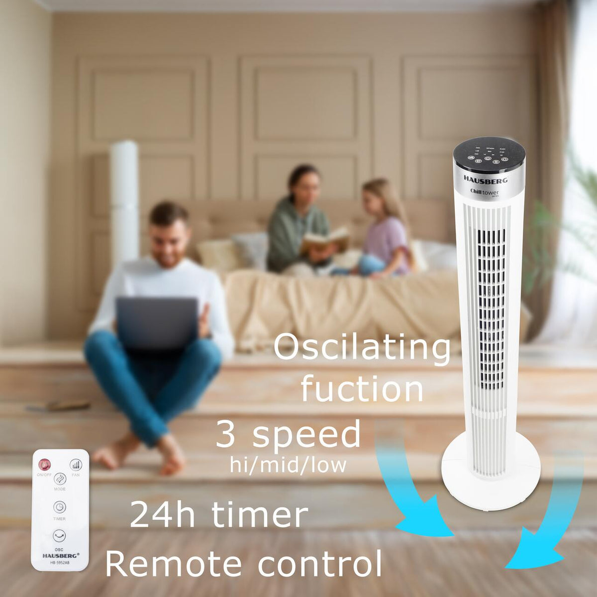 HAUSBERG HB-5952AB toronyventilátor, 55W, 38 inch, 3 sebességfokozat, 24 órás időzítő, LED, oszcilláció, távirányító