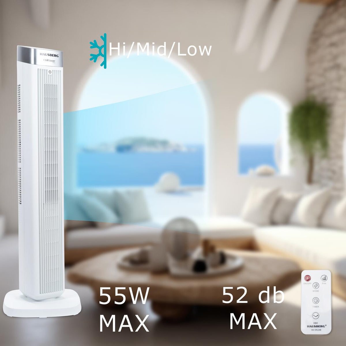 Ventilátor torony digitális HAUSBERG HB-5953AB, 55W, 41 inch, 3 sebességfokozat, 3 üzemmód, 24 órás időzítő, LED, oszcilláció, távirányító, illatanyag diffúzor