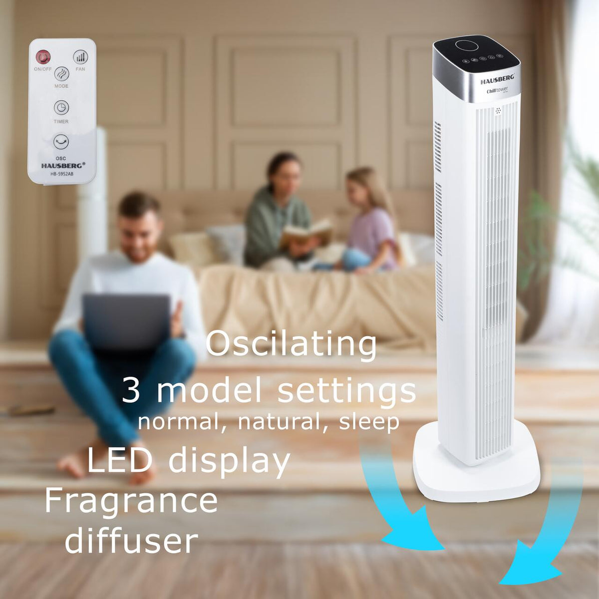 Ventilátor torony digitális HAUSBERG HB-5953AB, 55W, 41 inch, 3 sebességfokozat, 3 üzemmód, 24 órás időzítő, LED, oszcilláció, távirányító, illatanyag diffúzor