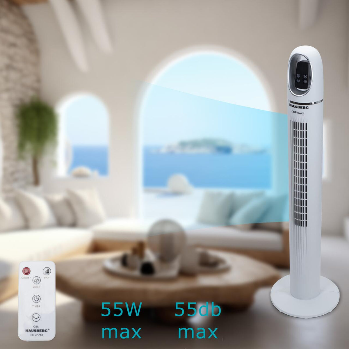 HAUSBERG HB-5958AB digitális toronyventilátor, 55W, 45 inch, 3 sebességfokozat, 24 órás időzítő, LED, oszcilláló, távirányító