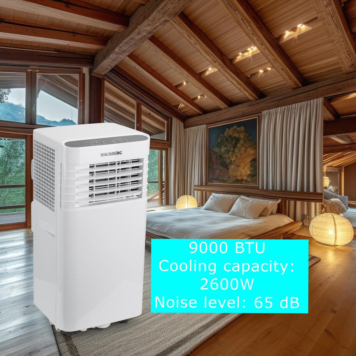 Hausberg HB-5960AB hordozható légkondicionáló, 9000 BTU, 1920W, 300 m3/h, LCD kijelző, fehér