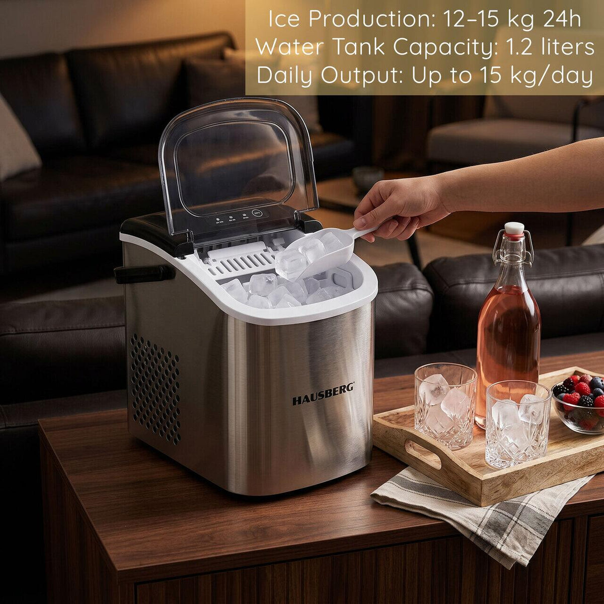 HAUSBERG HB-6019IN jégkészítő gép, víztartály kapacitás 1,2 liter, jégkocka termelés 12-15 kg / 24 óra, tárolási kapacitás 0,6 kg, 9 jégkocka/6-9 perc, ezüst