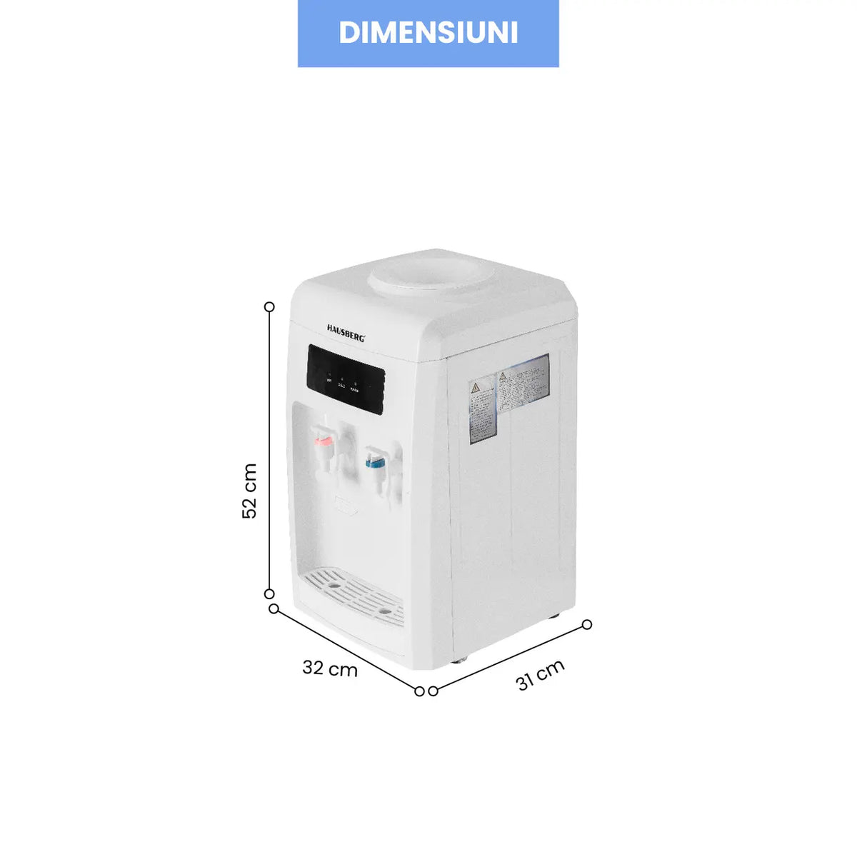Hausberg HB-6026AB vízadagoló, 550 W fűtési teljesítmény, 80 W hűtési teljesítmény, LED-es hideg- és melegvíz-visszajelzők, automata termosztát, fehér