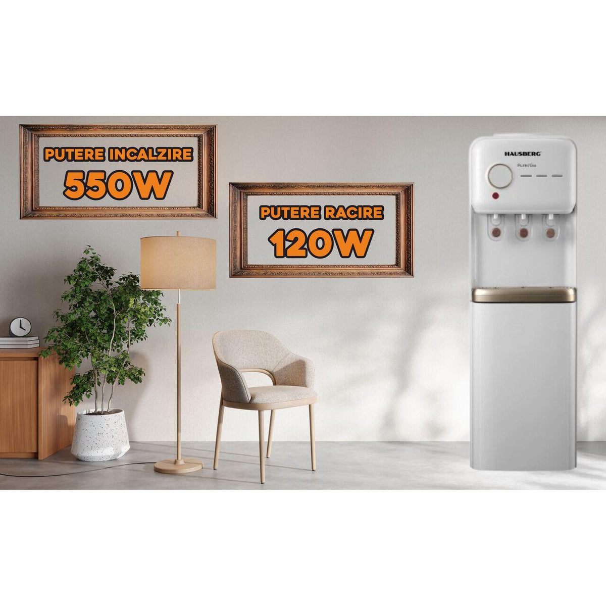 HAUSBERG HB-6028AB padlón álló vízadagoló kompresszorral, Fűtési teljesítmény 550W, Hűtési teljesítmény 120W, kompatibilis 11 és 19 literes víztartályokkal