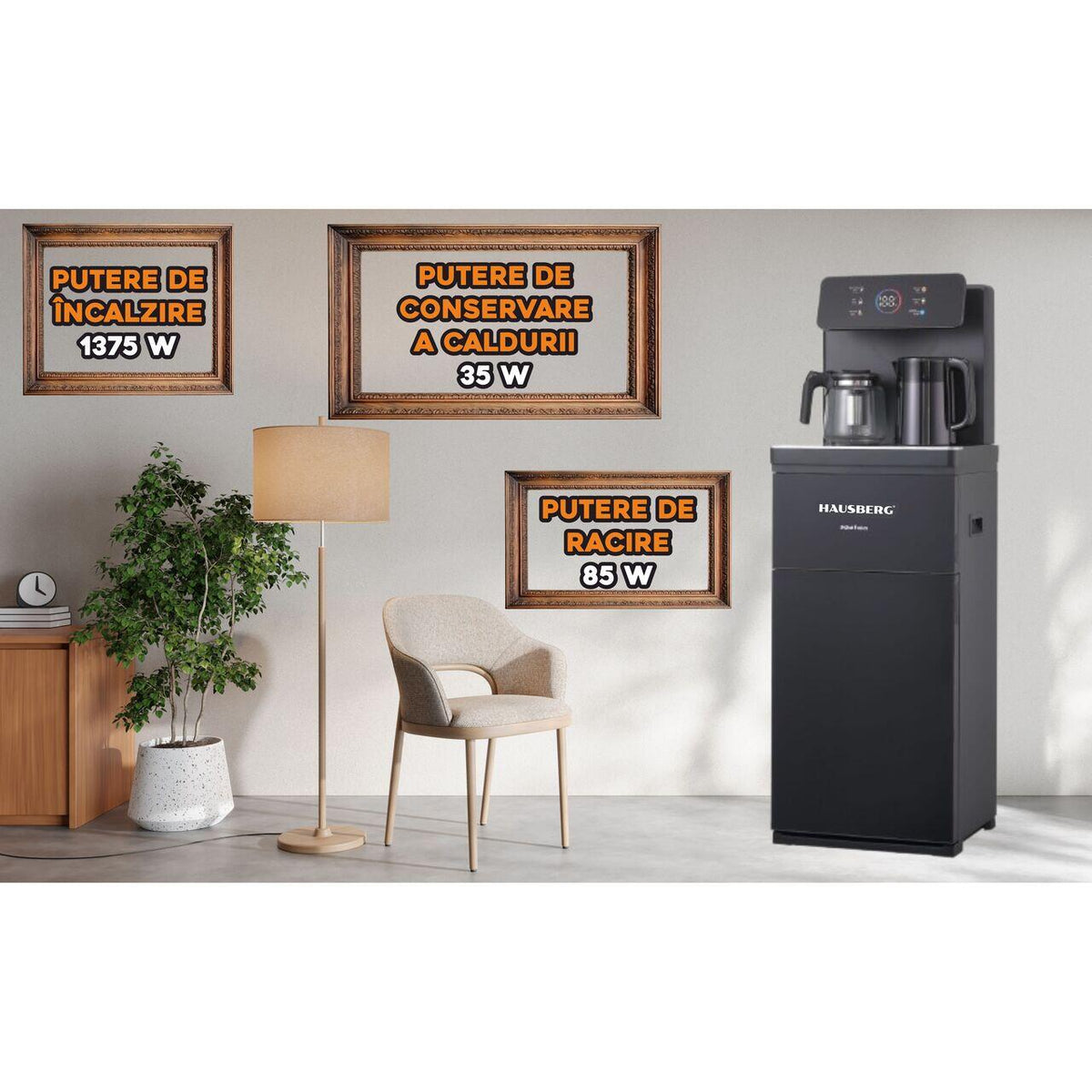 HAUSBERG HB-6030NG multifunkciós álló vízadagoló, alsó palackadagolóval és Tea Bar funkcióval, hideg/meleg víz, teáskanna, vízforraló, kompresszoros hűtés