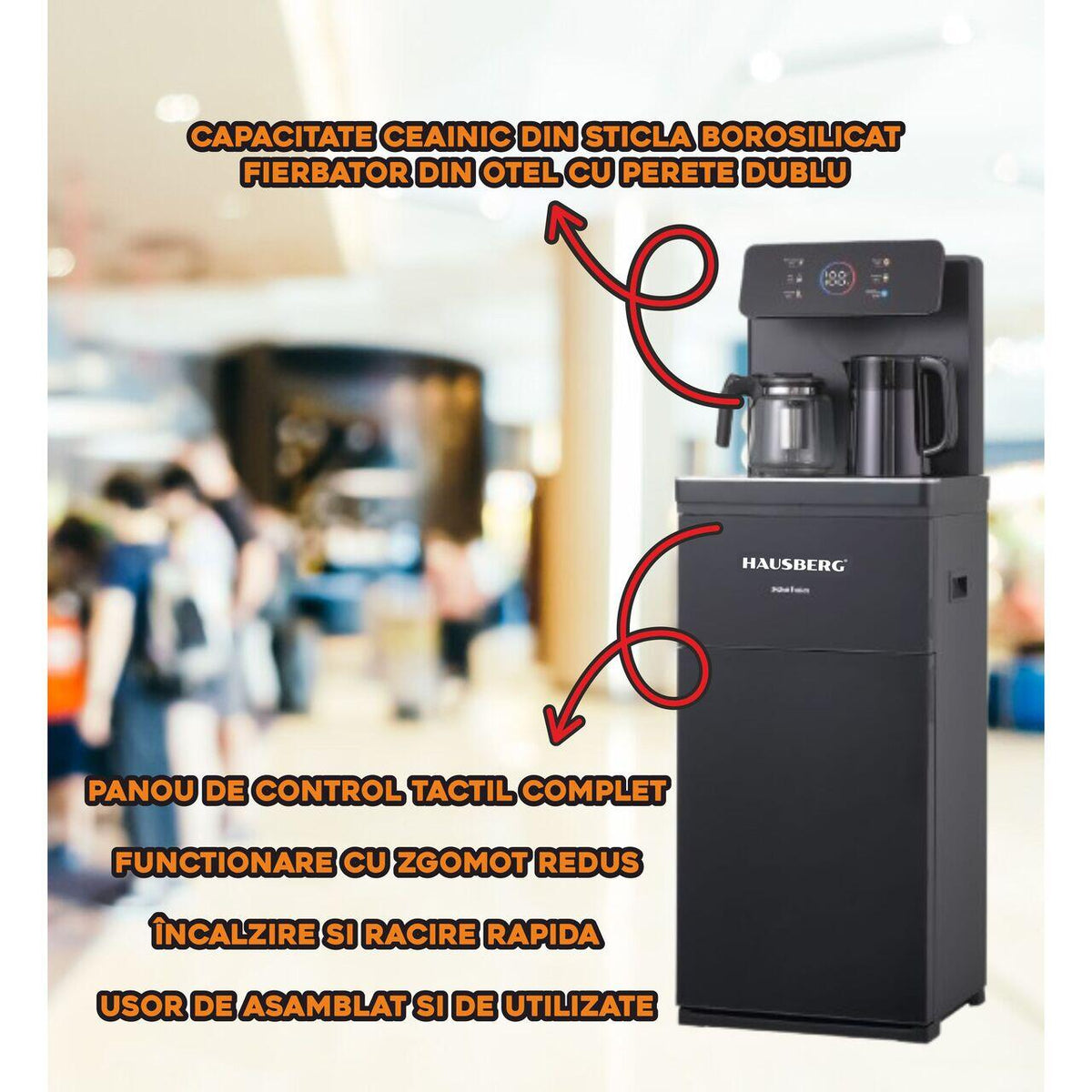 HAUSBERG HB-6030NG multifunkciós álló vízadagoló, alsó palackadagolóval és Tea Bar funkcióval, hideg/meleg víz, teáskanna, vízforraló, kompresszoros hűtés