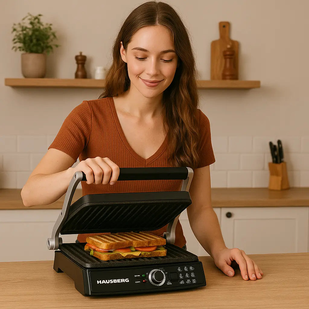 Hausberg HB633RS elektromos grill, 2000-2200 W, tapadásmentes lapok, 30x24,5 cm sütőfelület, termosztát, piros