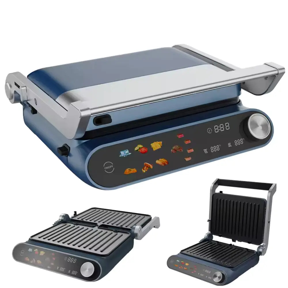 Szendvicssütő 2 az 1-ben HAUSBERG HB-635, 2200 W teljesítmény, szendvics- és grillsütőlapok, tapadásmentes bevonattal, digitális érintőképernyő, 7 különböző sütőprogram, kék/szürke színű