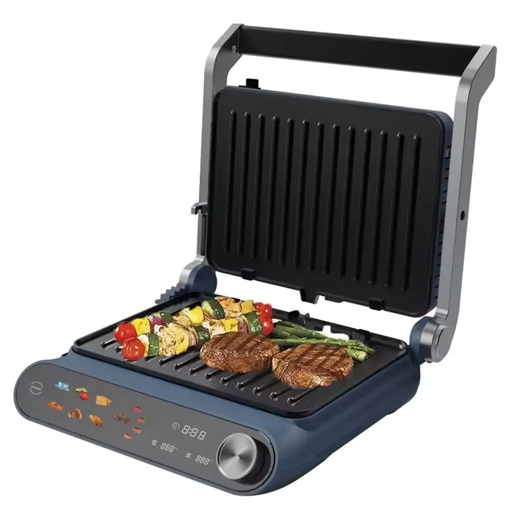 Szendvicssütő 2 az 1-ben HAUSBERG HB-635, 2200 W teljesítmény, szendvics- és grillsütőlapok, tapadásmentes bevonattal, digitális érintőképernyő, 7 különböző sütőprogram, kék/szürke színű