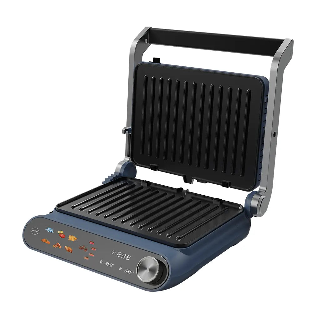 Szendvicssütő 2 az 1-ben HAUSBERG HB-635, 2200 W teljesítmény, szendvics- és grillsütőlapok, tapadásmentes bevonattal, digitális érintőképernyő, 7 különböző sütőprogram, kék/szürke színű