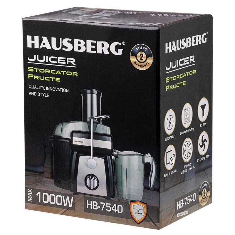 Hausberg HB-7540 gyümölcs- és zöldségléprés, 1000W, 2 sebességfokozat, 1 literes pépgyűjtő edény, 1 literes légyűjtő edény, nyomó tartozék