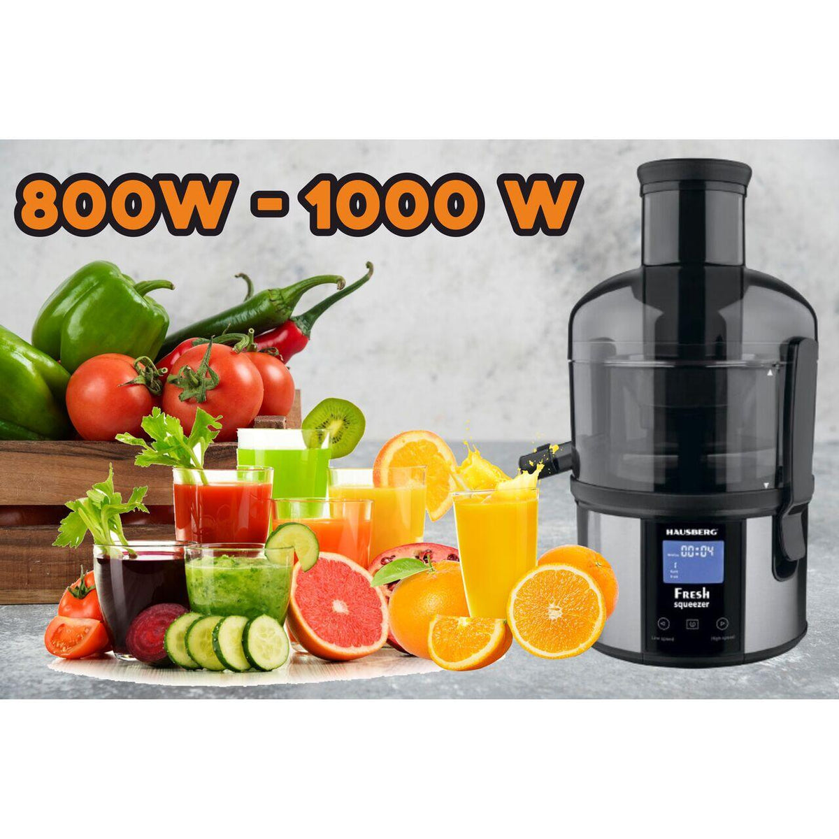 HAUSBERG HB-7545IN digitális gyümölcscentrifuga, 800-1000W, 85mm, 1L gyümölcshús tartály, 5 sebesség, fekete/rozsdamentes acél