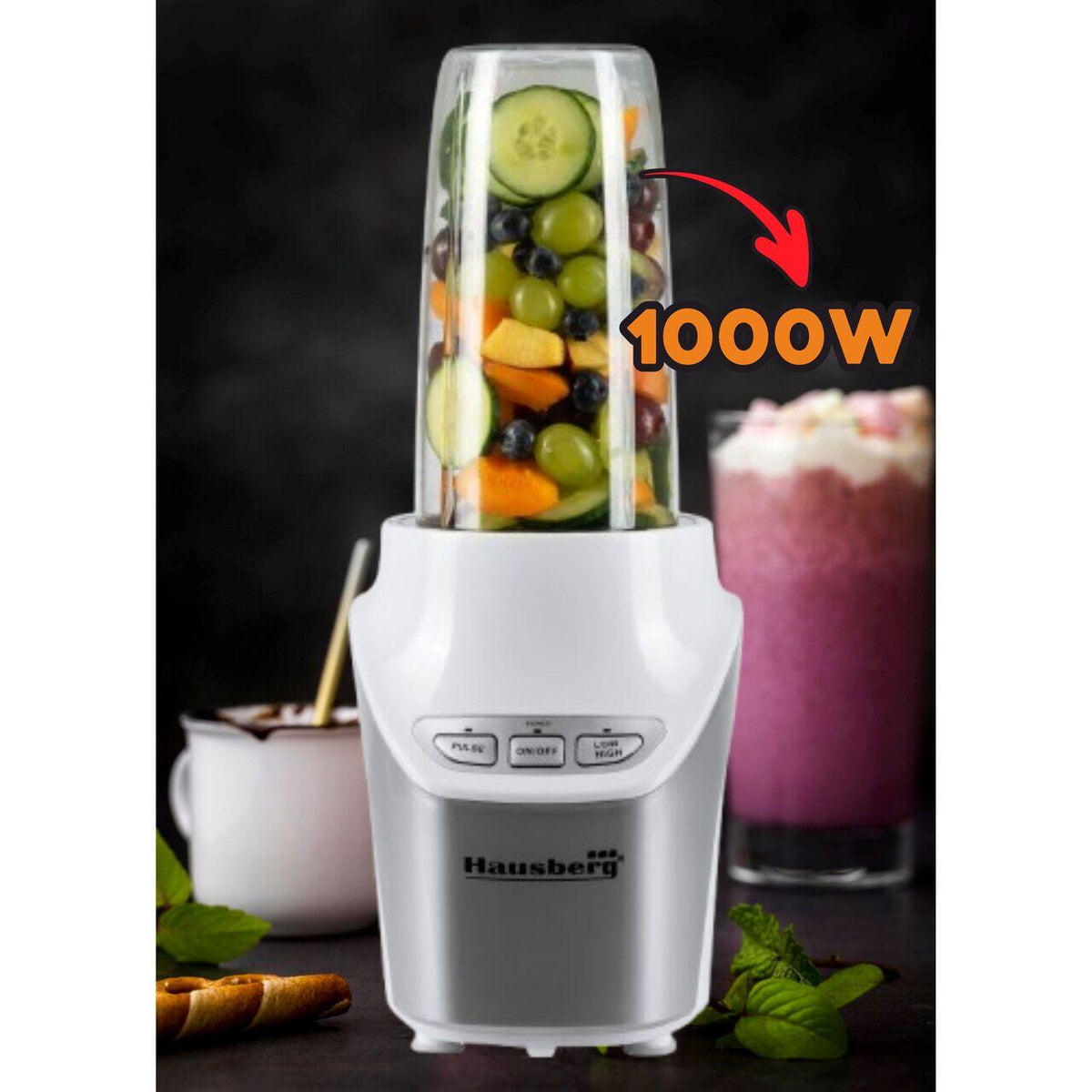 Hausberg HB7705AB 2 az 1-ben turmixgép, 1000W teljesítmény, Táplálék kivonó, 8 darabos szett