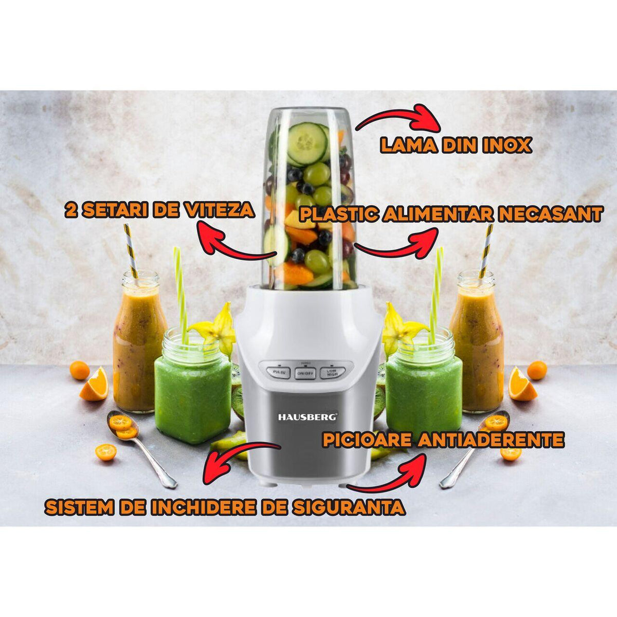 Hausberg HB7705AB 2 az 1-ben turmixgép, 1000W teljesítmény, Táplálék kivonó, 8 darabos szett