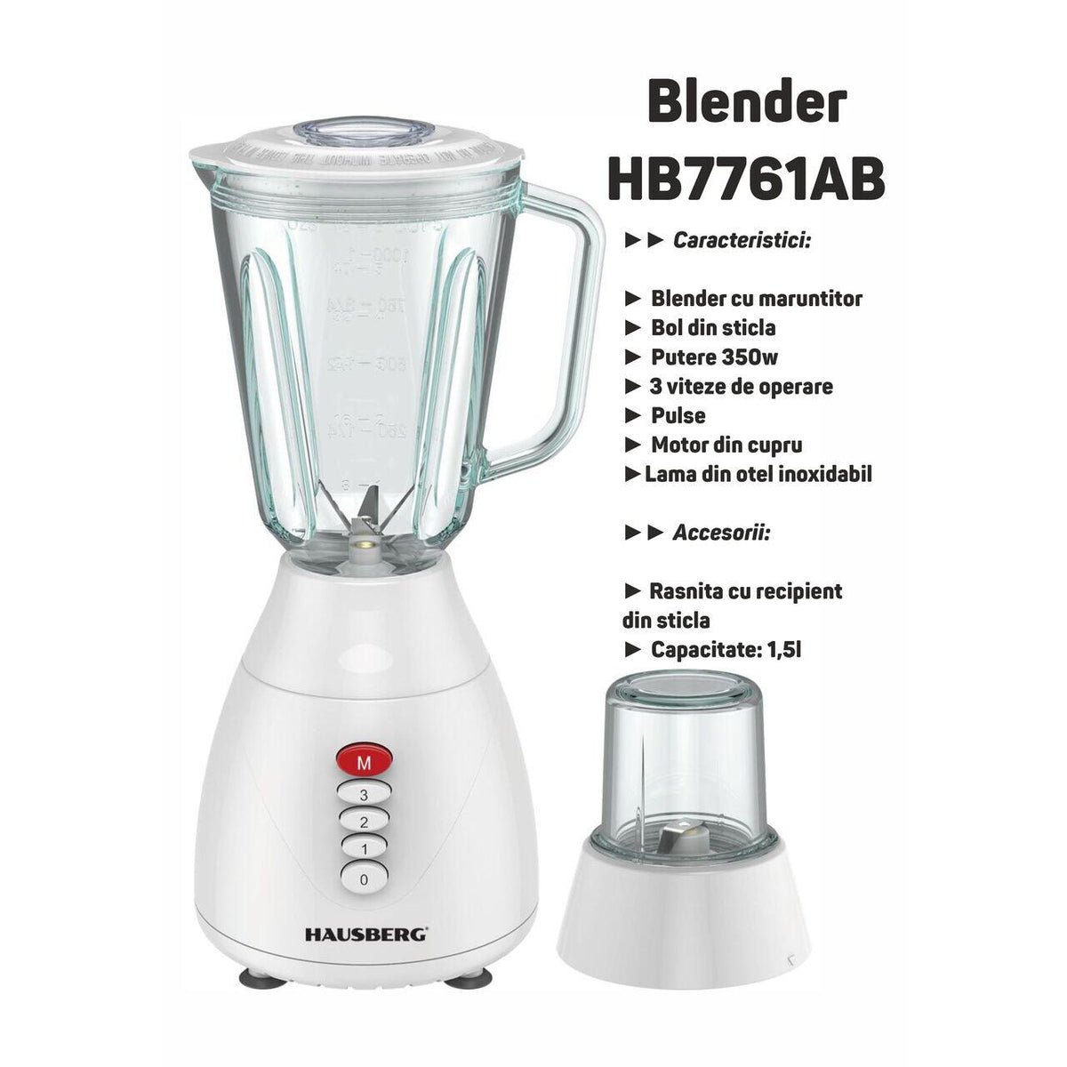HAUSBERG HB-7760AB turmixgép, 350W, 1,5L, 3 sebességfokozat, Pulse funkció, jégaprítás, 4 levehető penge, fehér
