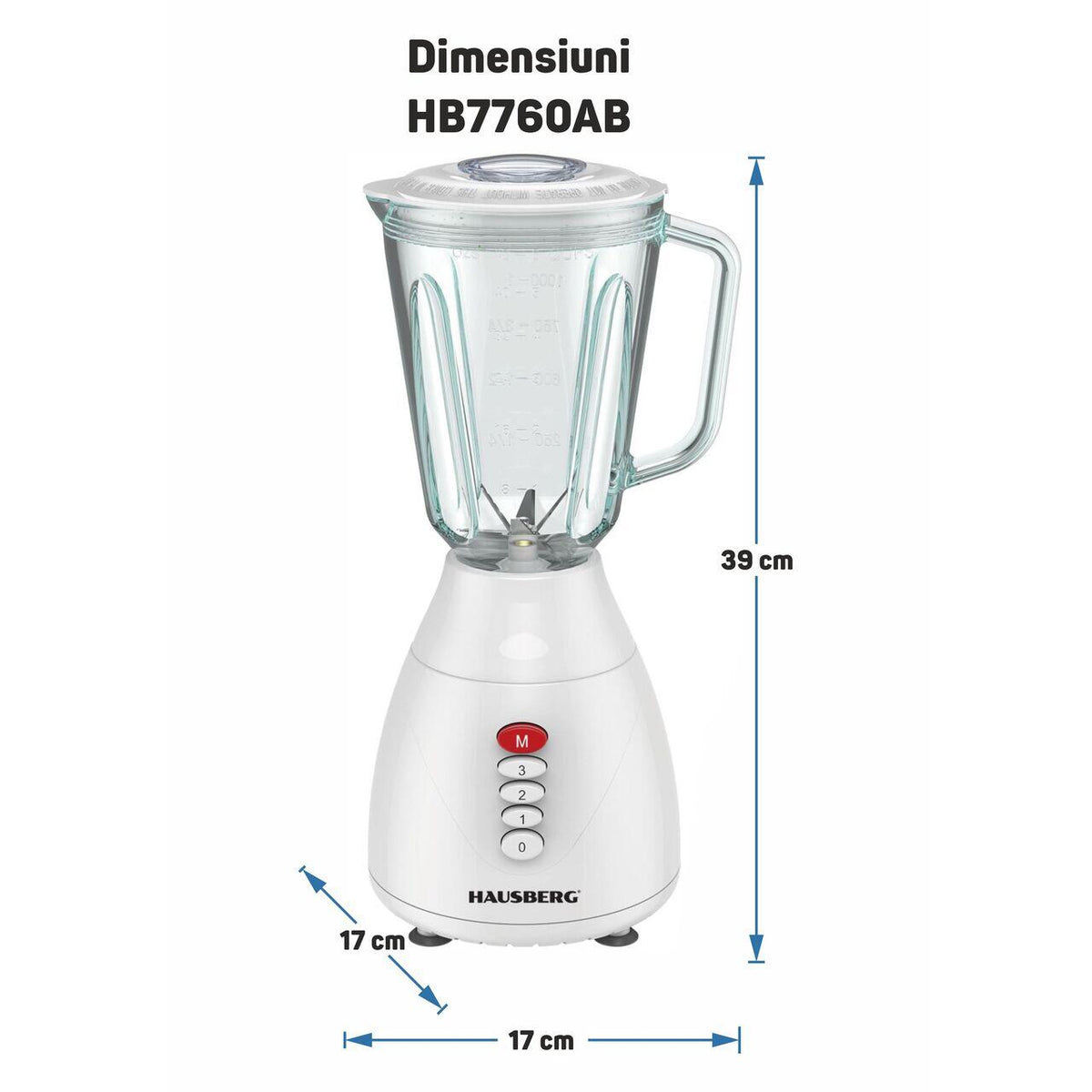 HAUSBERG HB-7760AB turmixgép, 350W, 1,5L, 3 sebességfokozat, Pulse funkció, jégaprítás, 4 levehető penge, fehér