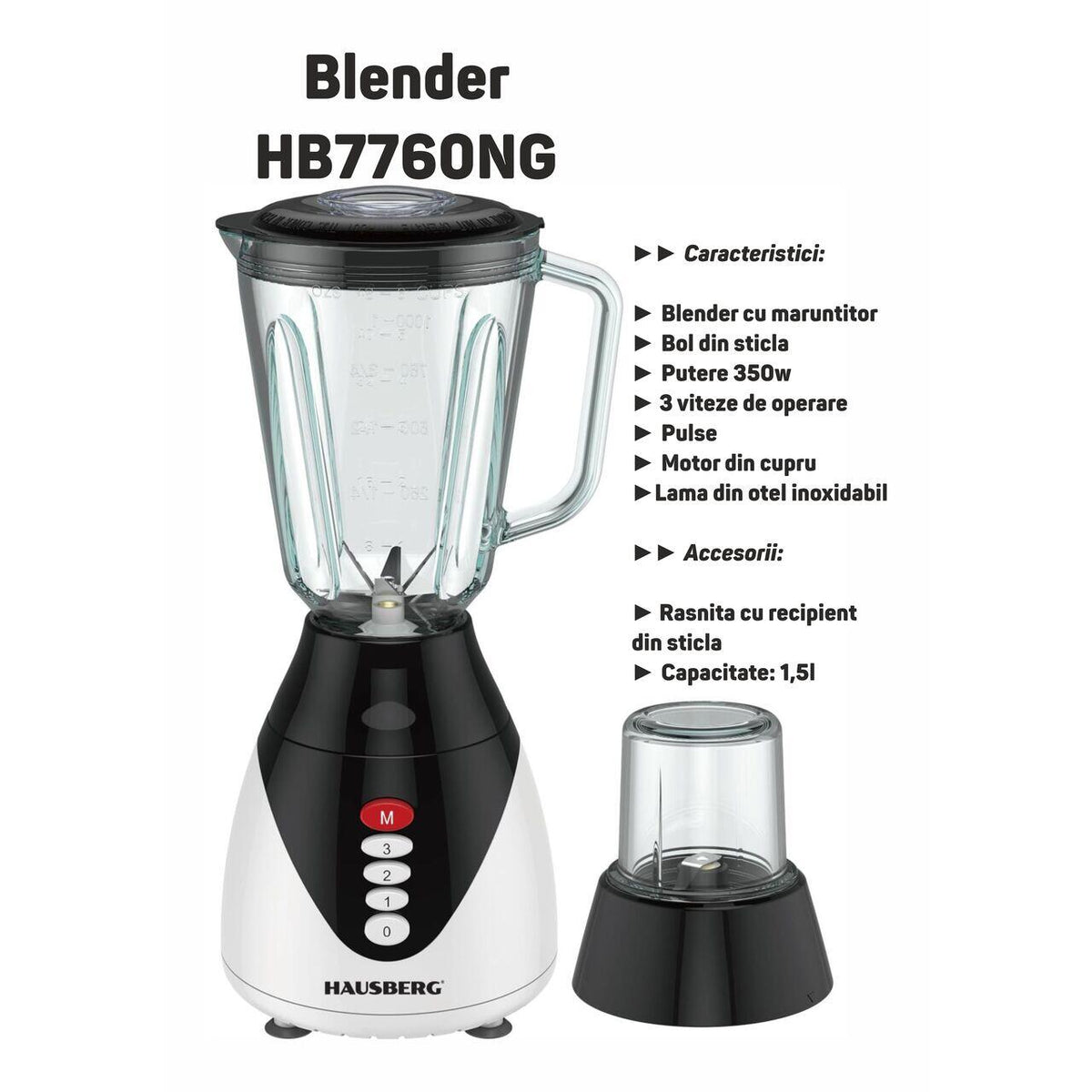 HAUSBERG HB-7760NG turmixgép, 350W, 1,5L, 3 sebességfokozat, Pulse funkció, jégaprítás, 4 levehető penge, fekete
