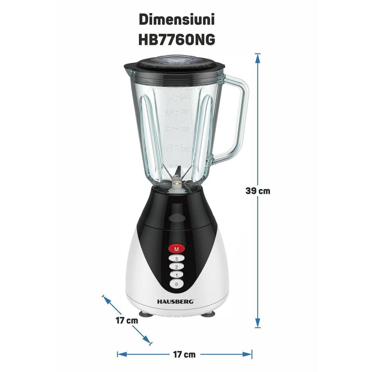 HAUSBERG HB-7760NG turmixgép, 350W, 1,5L, 3 sebességfokozat, Pulse funkció, jégaprítás, 4 levehető penge, fekete