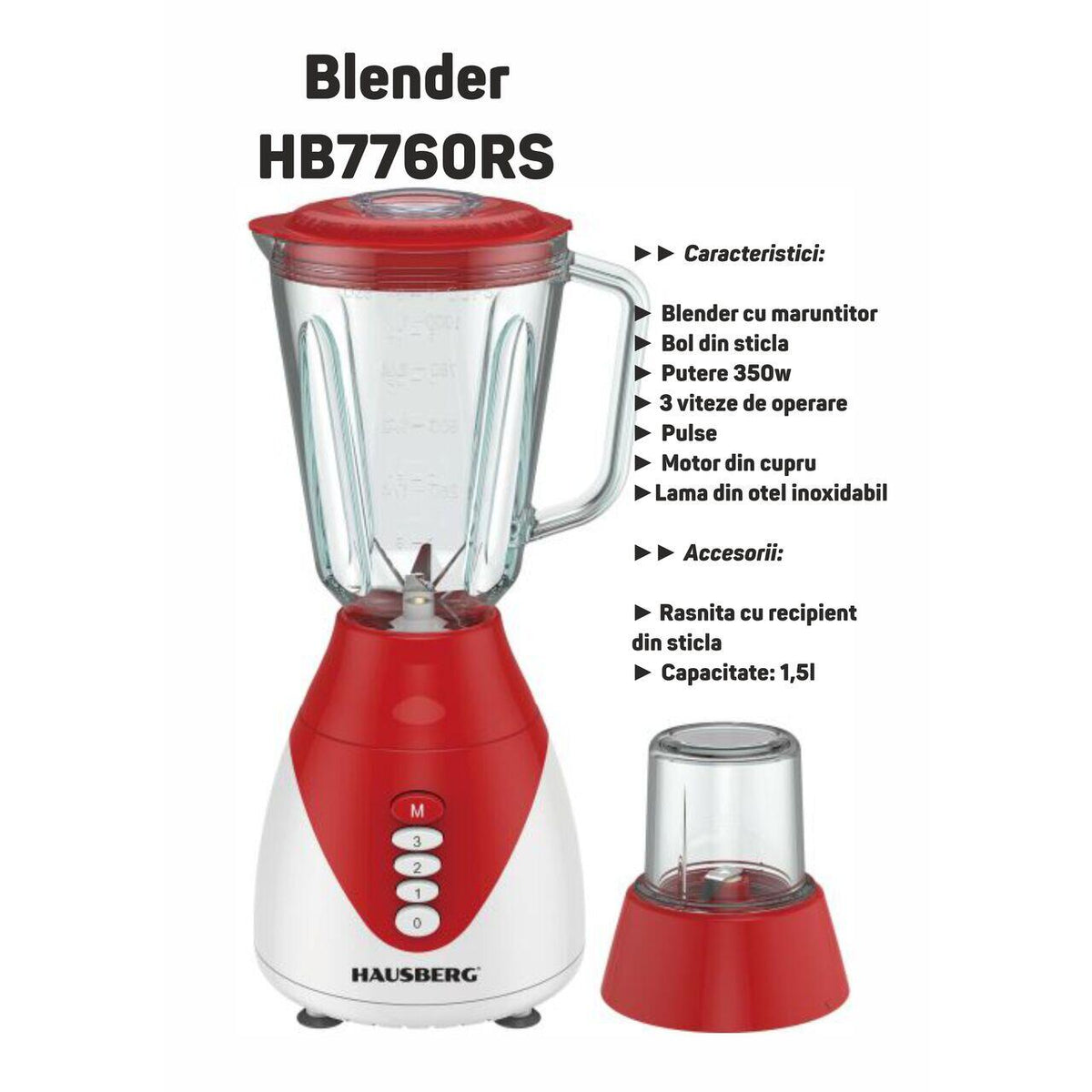 Hausberg HB-7760RS turmixgép, 350W, 1,5L, 3 sebességfokozat, Pulse funkció, jégaprítás, 4 levehető penge, piros