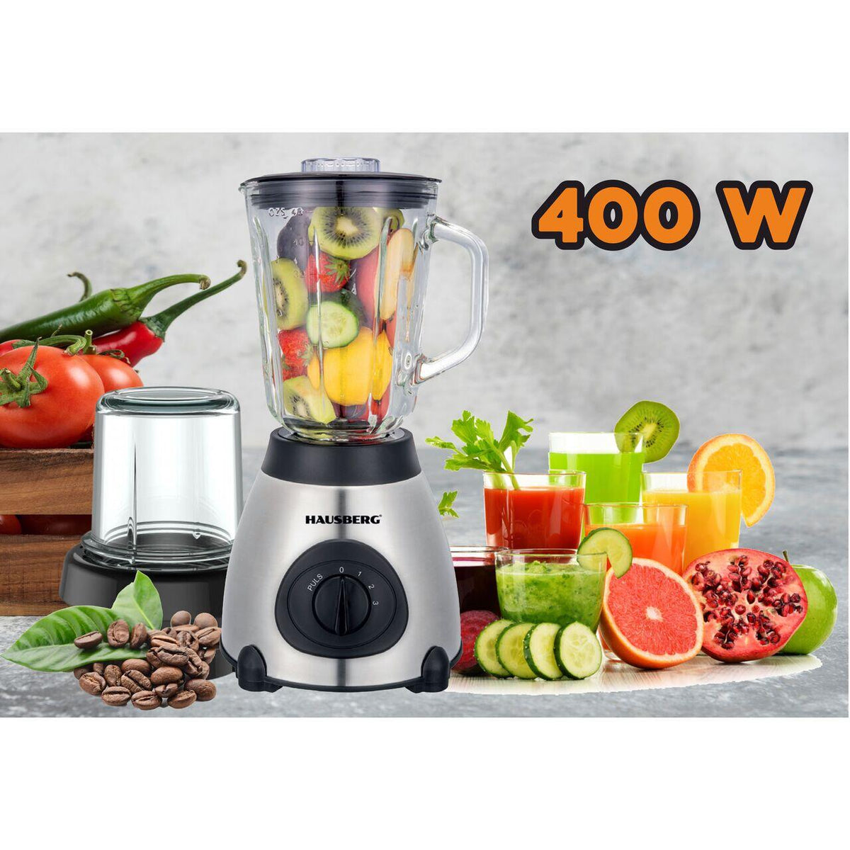 Blender darálóval, Hausberg HB-7762, két sebesség pulzálással, 1,5 l-es üvegtartály, 400W