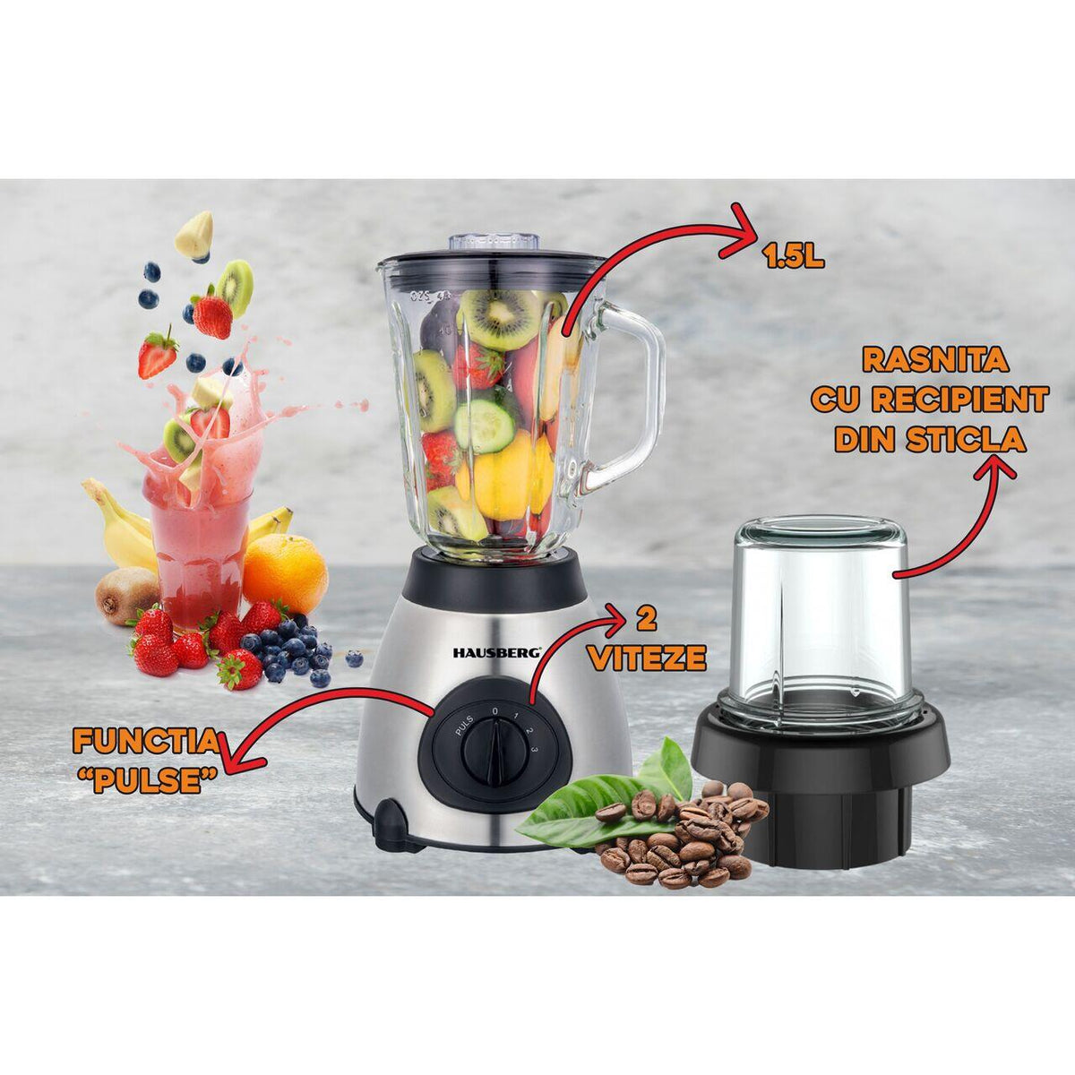 Blender darálóval, Hausberg HB-7762, két sebesség pulzálással, 1,5 l-es üvegtartály, 400W
