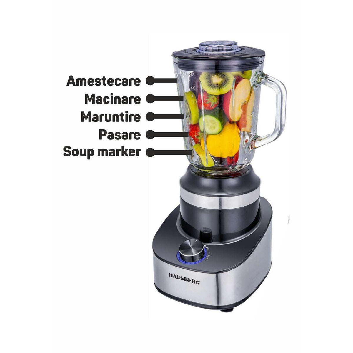 HAUSBERG HB-7765 2 az 1-ben turmixgép, 400-500W, 1.5 L, 3 sebesség + Pulse