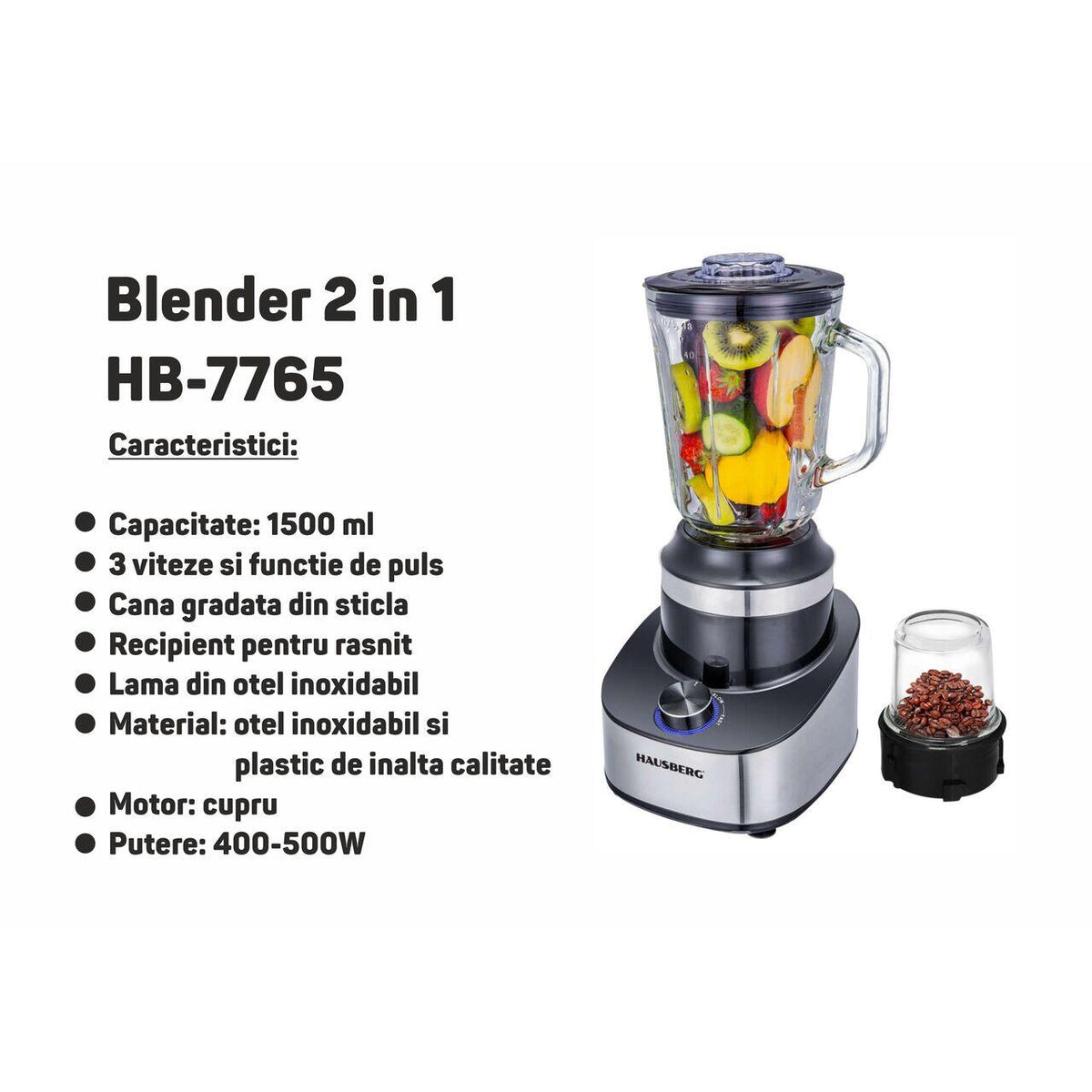 HAUSBERG HB-7765 2 az 1-ben turmixgép, 400-500W, 1.5 L, 3 sebesség + Pulse