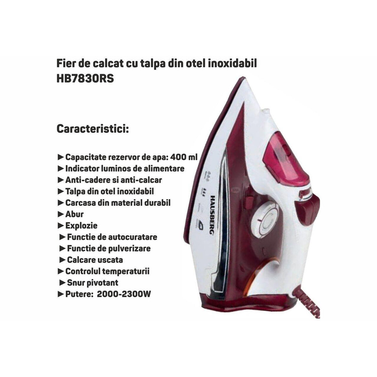 HAUSBERG HB-HB7830RS gőzölős vasaló rozsdamentes acél talppal, 2000-2300 W, 400 ml