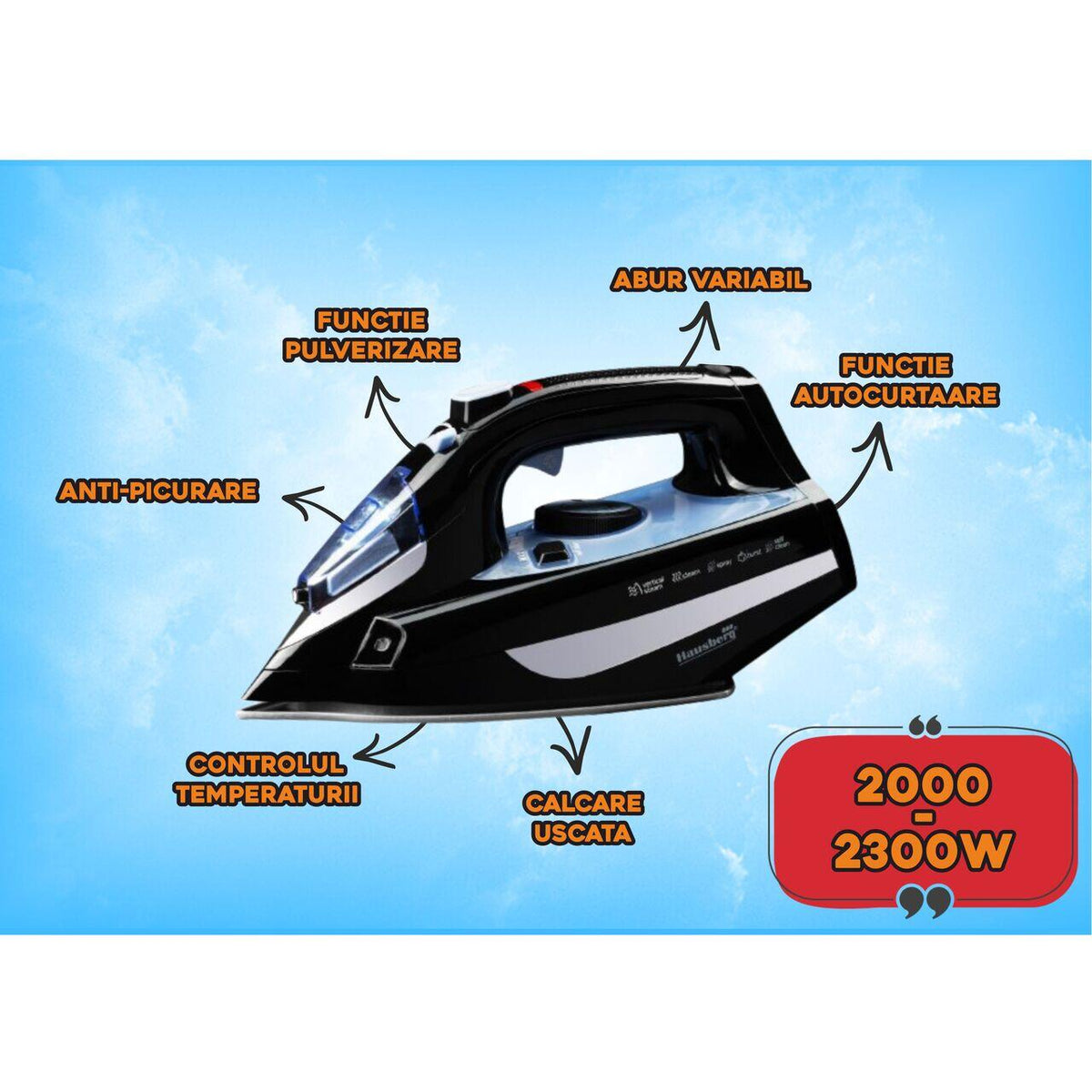 Hausberg HB-7842BL vasaló, 2300W, kerámia, öntisztító, permetező, csepegésgátló, 300 ml